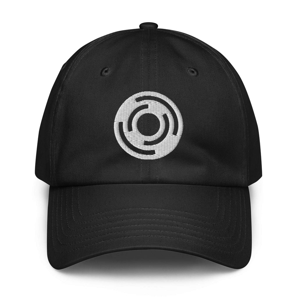 Black unstructured dad hat with white circular FFD emblem front and centre, curved visor — Form Finding Design