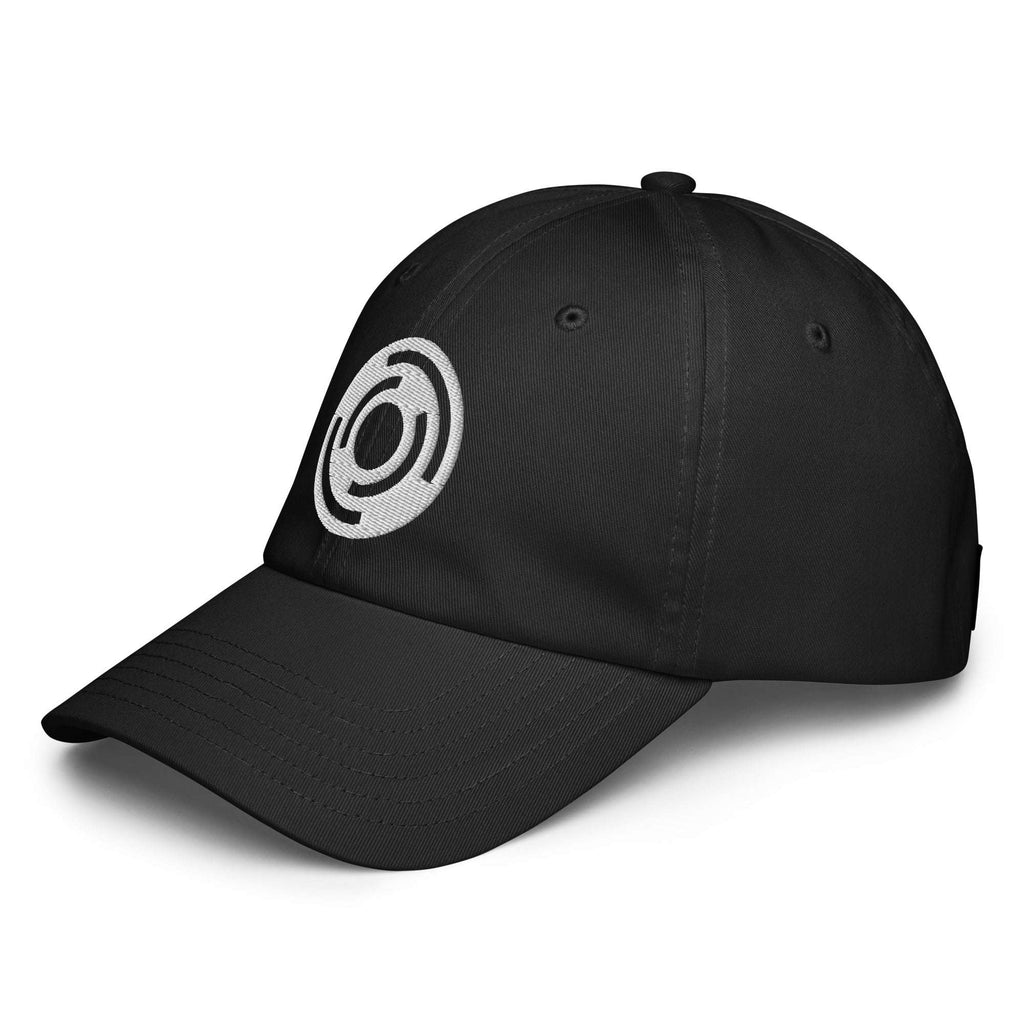 Black six-panel dad cap angled to show low-profile crown and white FFD emblem, Form Finding Design headwear