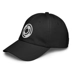 Black six-panel dad cap angled to show low-profile crown and white FFD emblem, Form Finding Design headwear