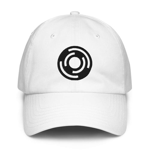 White unstructured dad hat with black circular FFD emblem front and centre, curved visor — Form Finding Design