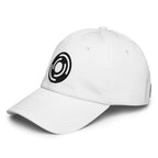White six-panel dad cap angled to show low-profile crown and black FFD emblem, Form Finding Design headwear