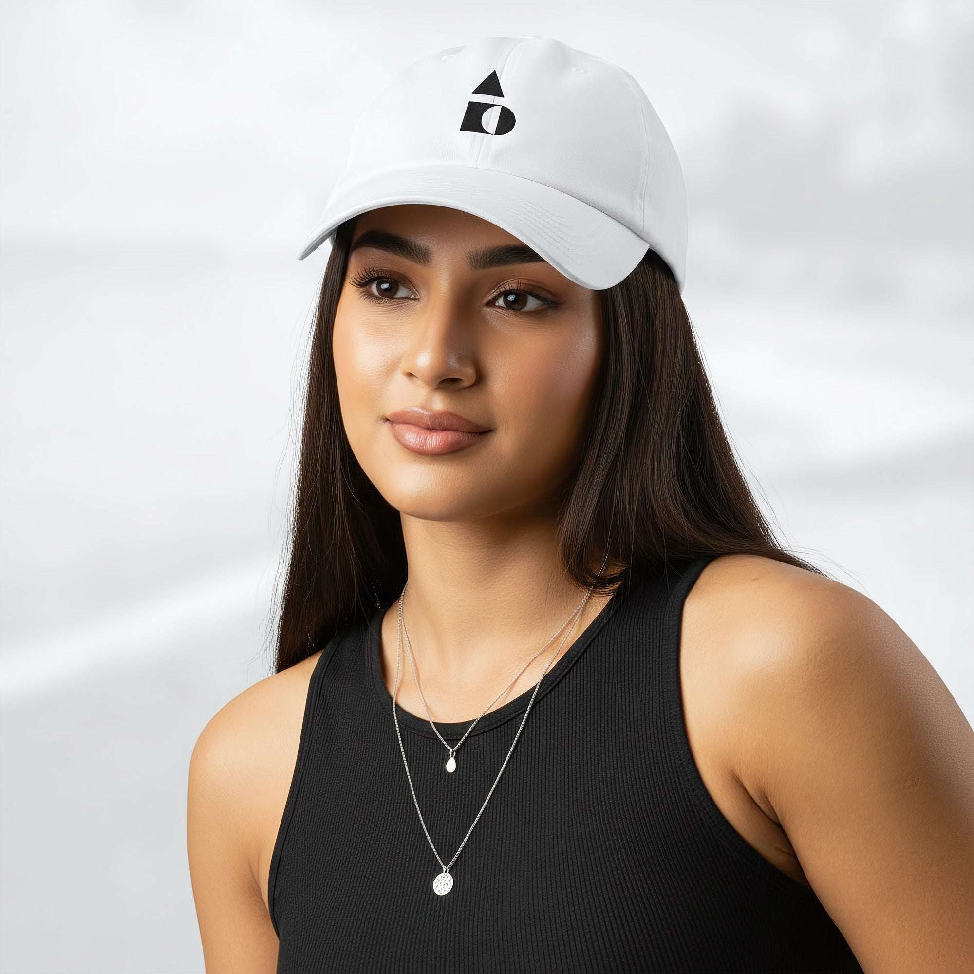 Female model wearing the white Under Armour x Form Fundamentals Stamp Cap (No.03); front view of the cap with black geometric emblem and curved brim, paired with a black tank top and layered necklaces against a softly blurred background.