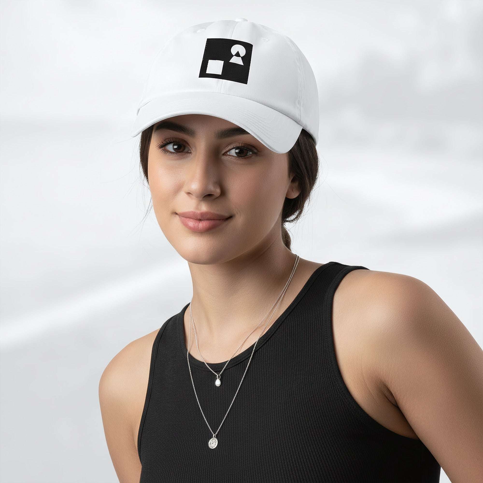 Female model wearing the white Under Armour x Form Fundamentals Stamp Cap (No.15); front view of the cap with black geometric emblem and curved brim, paired with a black tank top and layered necklaces against a softly blurred background.