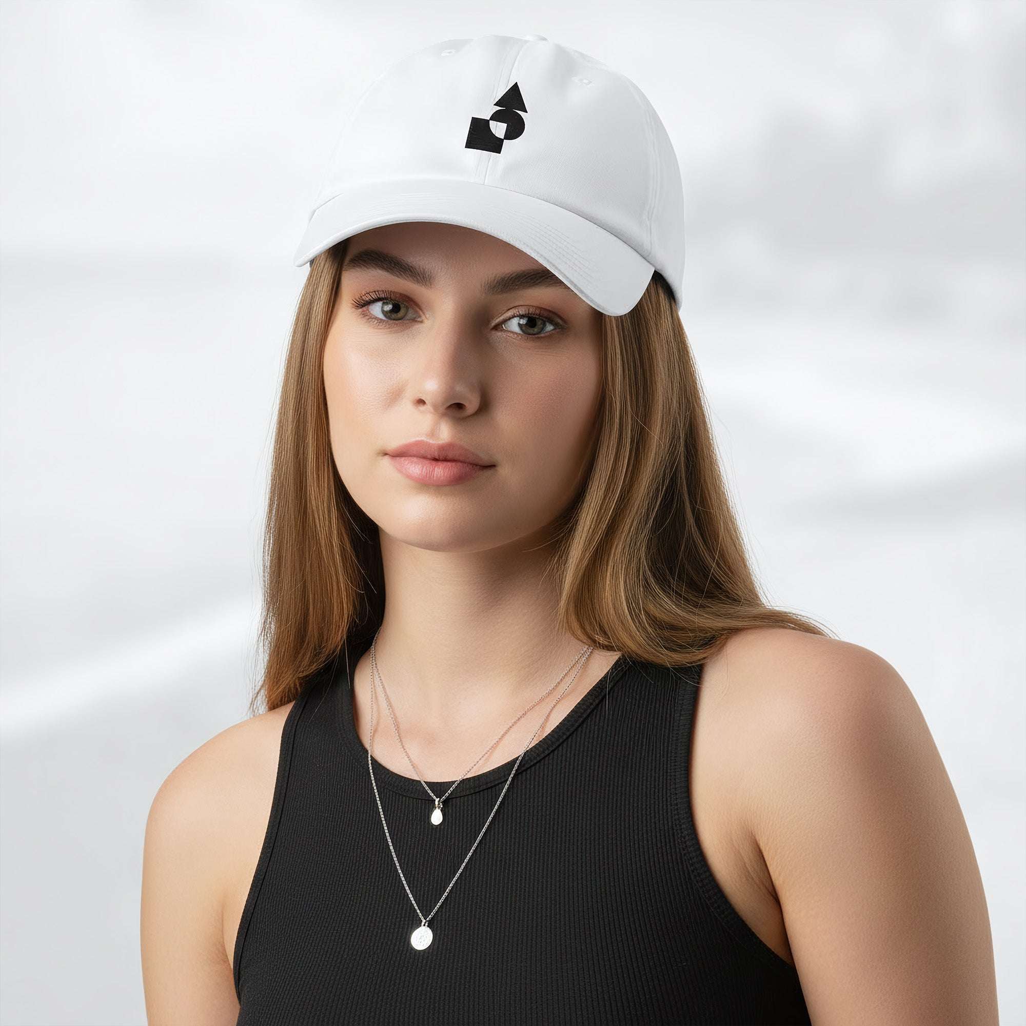 Female model wearing the white Under Armour x Form Fundamentals Stamp Cap; front view of the cap with black geometric emblem and curved brim, paired with a black tank top and layered necklaces against a softly blurred background.