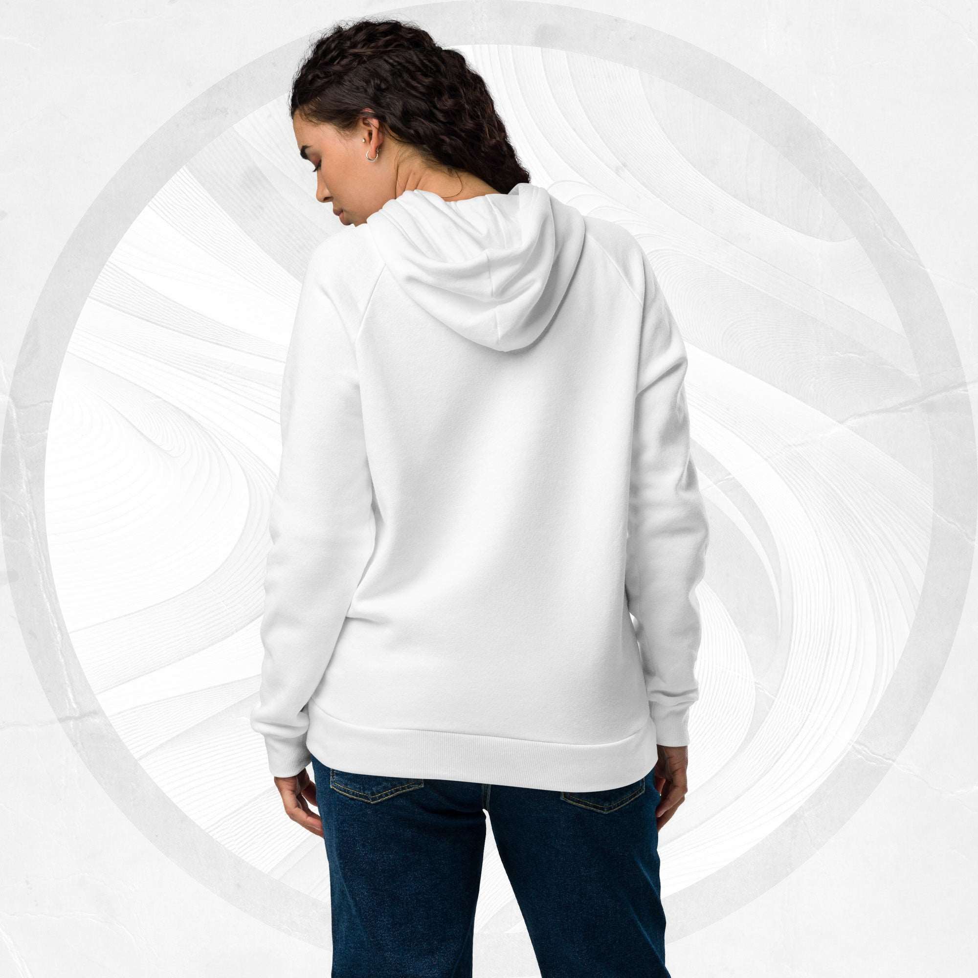 Back view of model wearing the white Form Finding Design Under Armour® x Ring Stamp Hoodie (No.06); plain back panel with hood and relaxed silhouette, showing cuffs and hem.