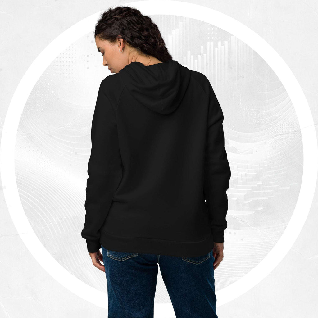 Back view of model wearing the black Form Finding Design Under Armour® x Ring Stamp Hoodie (No.17); plain back panel with hood and relaxed silhouette, showing cuffs and hem.