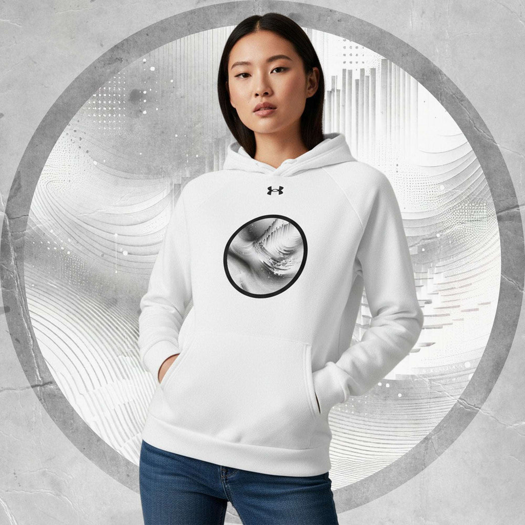 Lifestyle front shot of model in the white Form Finding Design Under Armour® x Ring Stamp Hoodie (No.18), hands in kangaroo pocket, circular monochrome wave ring emblem centred, grey textured background with a bold black halo ring.