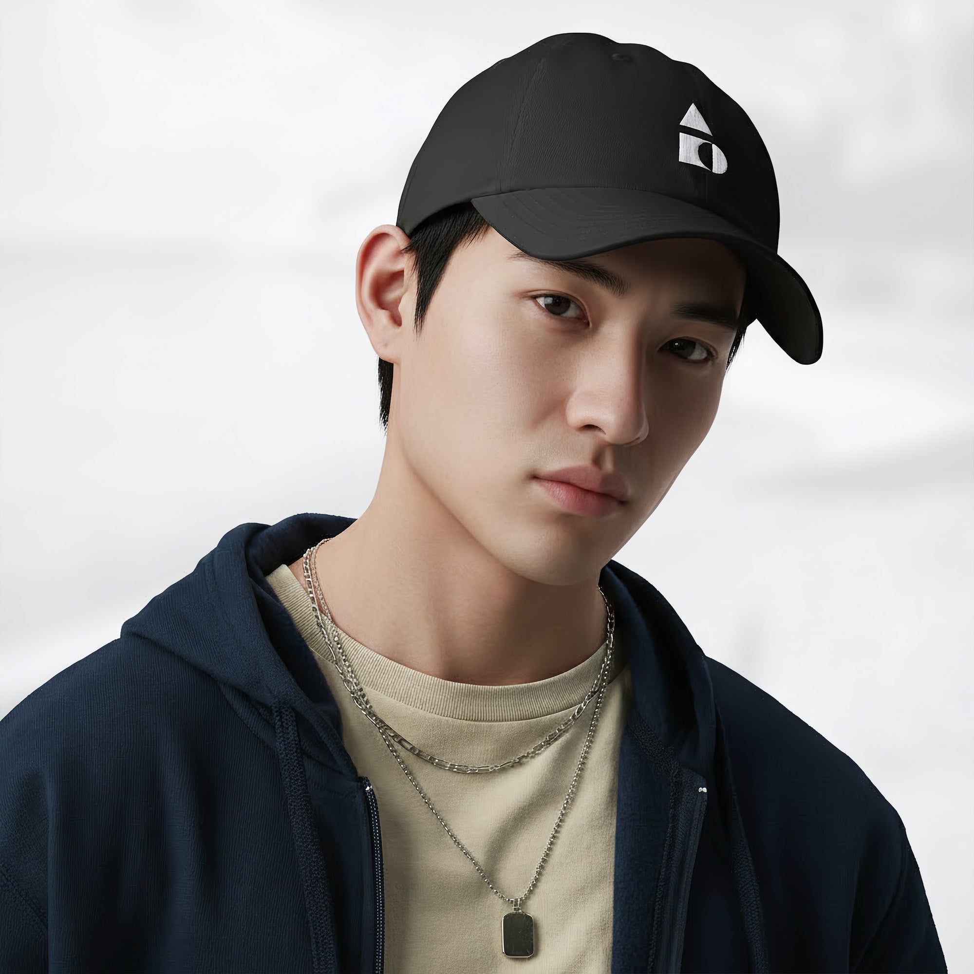Male model wearing the black Under Armour x Form Fundamentals Stamp Cap (No.04) in a three‑quarter front pose; the cap’s curved brim and white Form Fundamentals logo are visible, styled with a navy hoodie over a beige top and layered chain in a neutral studio setting.