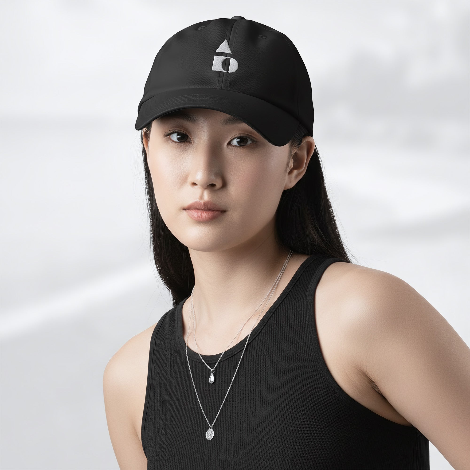 Female model wearing the black Under Armour x Form Fundamentals Stamp Cap (No.04); front view of the cap with white geometric emblem and curved brim, paired with a black tank top and layered necklaces against a softly blurred background.