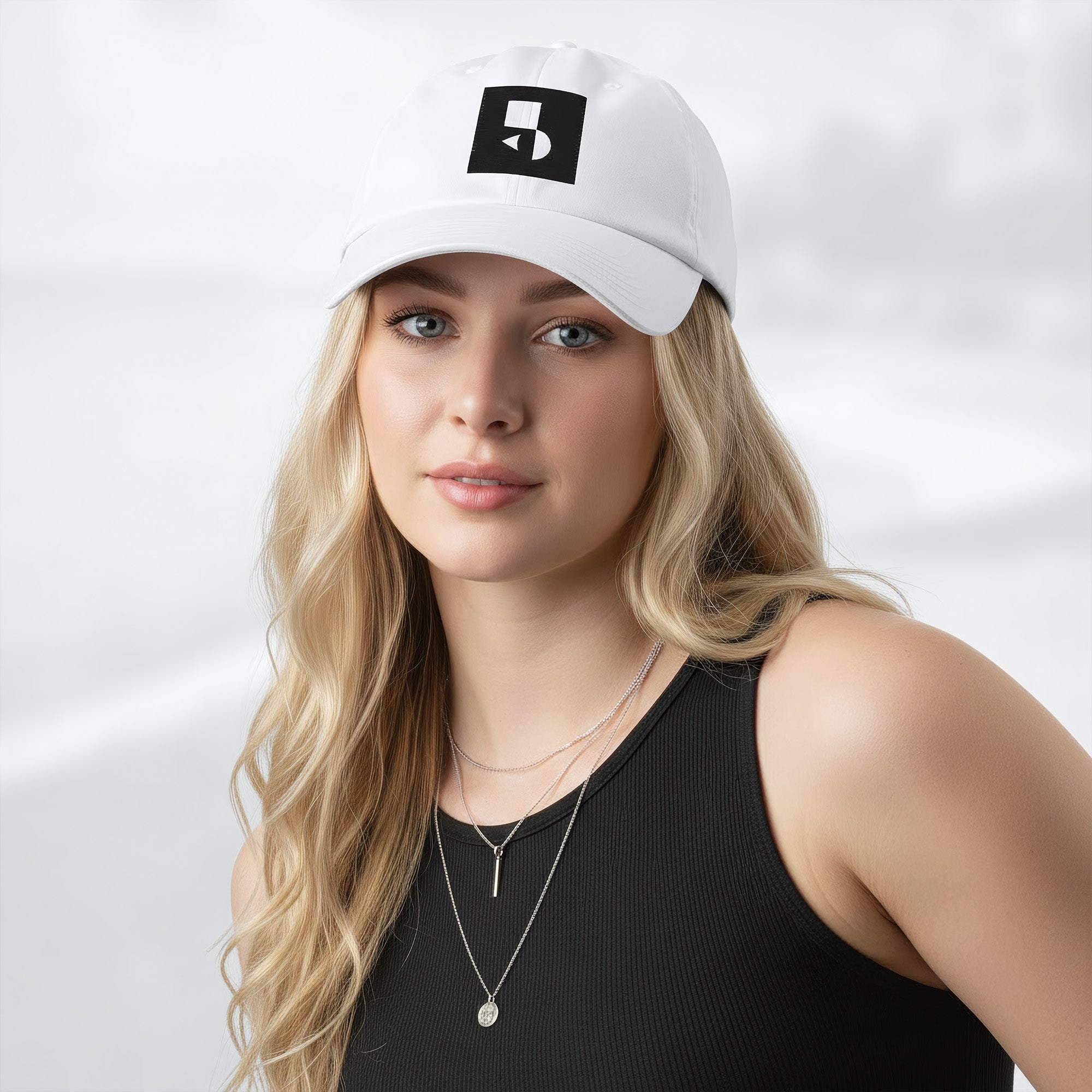 Female model wearing the white Under Armour x Form Fundamentals Stamp Cap (No.11); front view of the cap with black geometric emblem and curved brim, paired with a black tank top and layered necklaces against a softly blurred background.