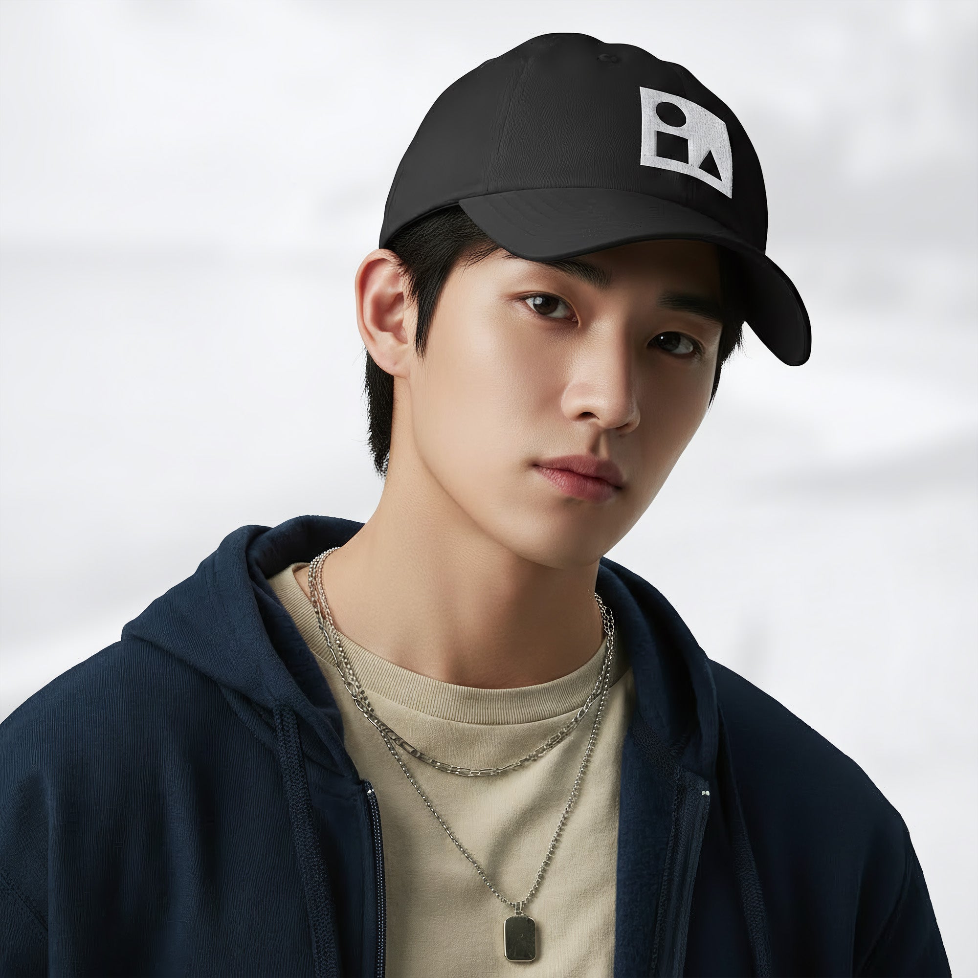 Male model wearing the black Under Armour x Form Fundamentals Stamp Cap (No.14) in a three‑quarter front pose; the cap’s curved brim and white Form Fundamentals logo are visible, styled with a navy hoodie over a beige top and layered chain in a neutral studio setting.
