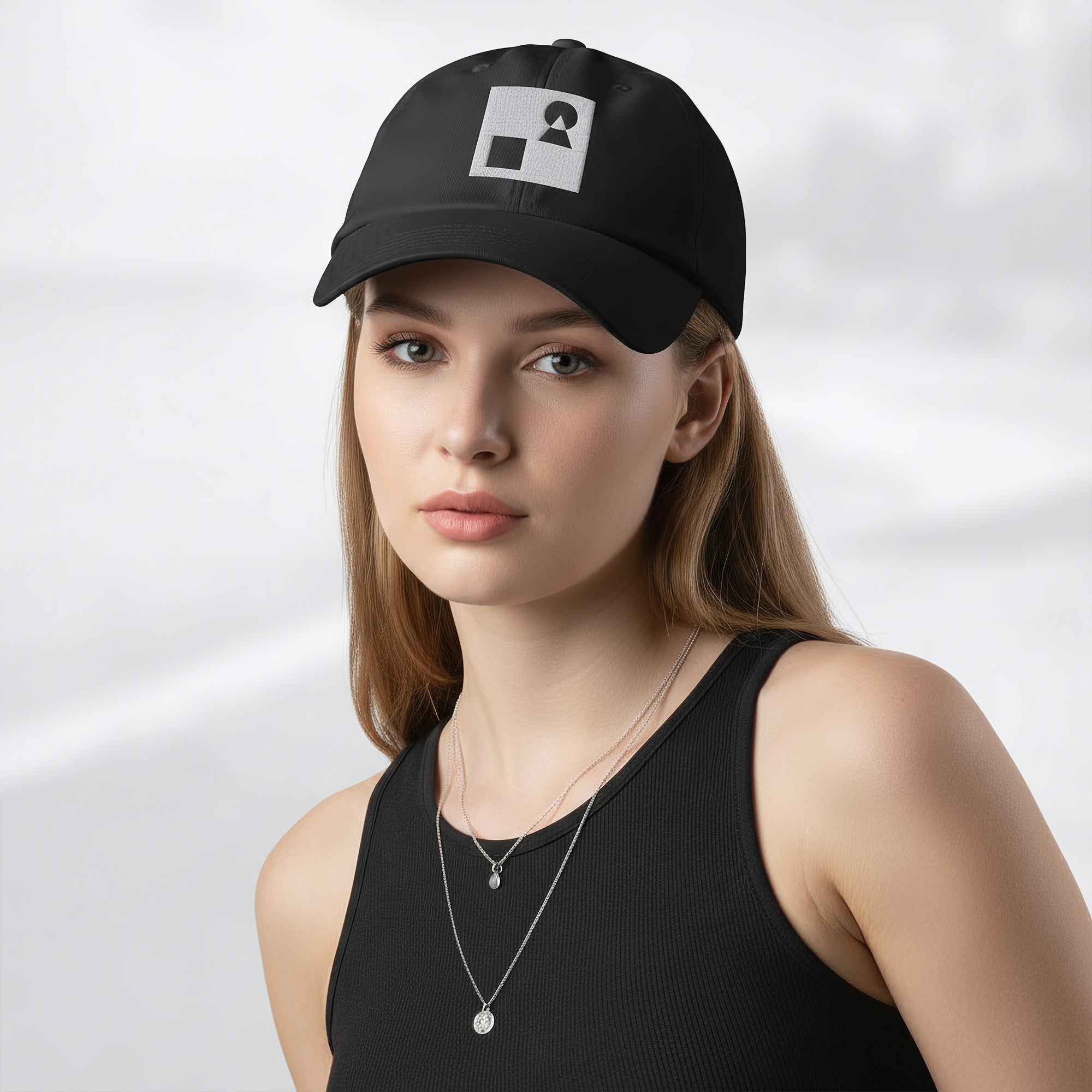 Female model wearing the black Under Armour x Form Fundamentals Stamp Cap (No.16); front view of the cap with white geometric emblem and curved brim, paired with a black tank top and layered necklaces against a softly blurred background.
