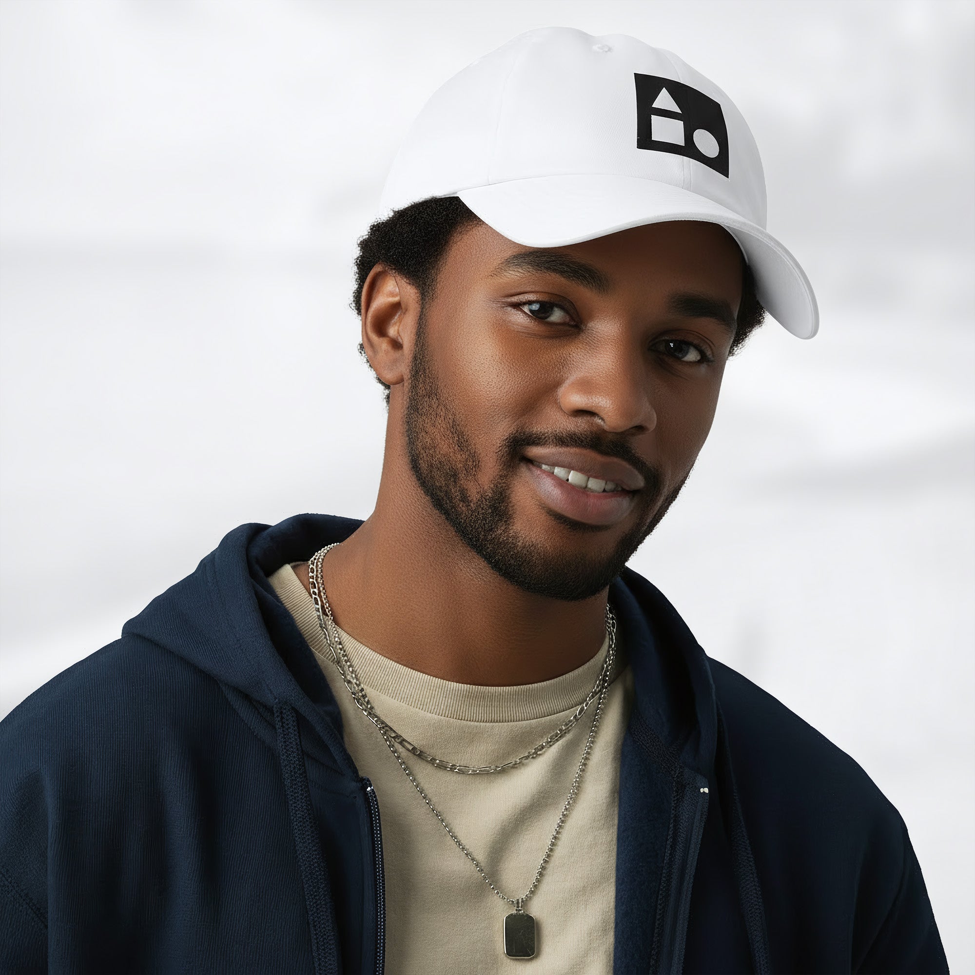 Male model wearing the white Under Armour x Form Fundamentals Stamp Cap (No.17) in a three‑quarter front pose; the cap’s curved brim and black Form Fundamentals logo are visible, styled with a navy hoodie over a beige top and layered chain in a neutral studio setting.