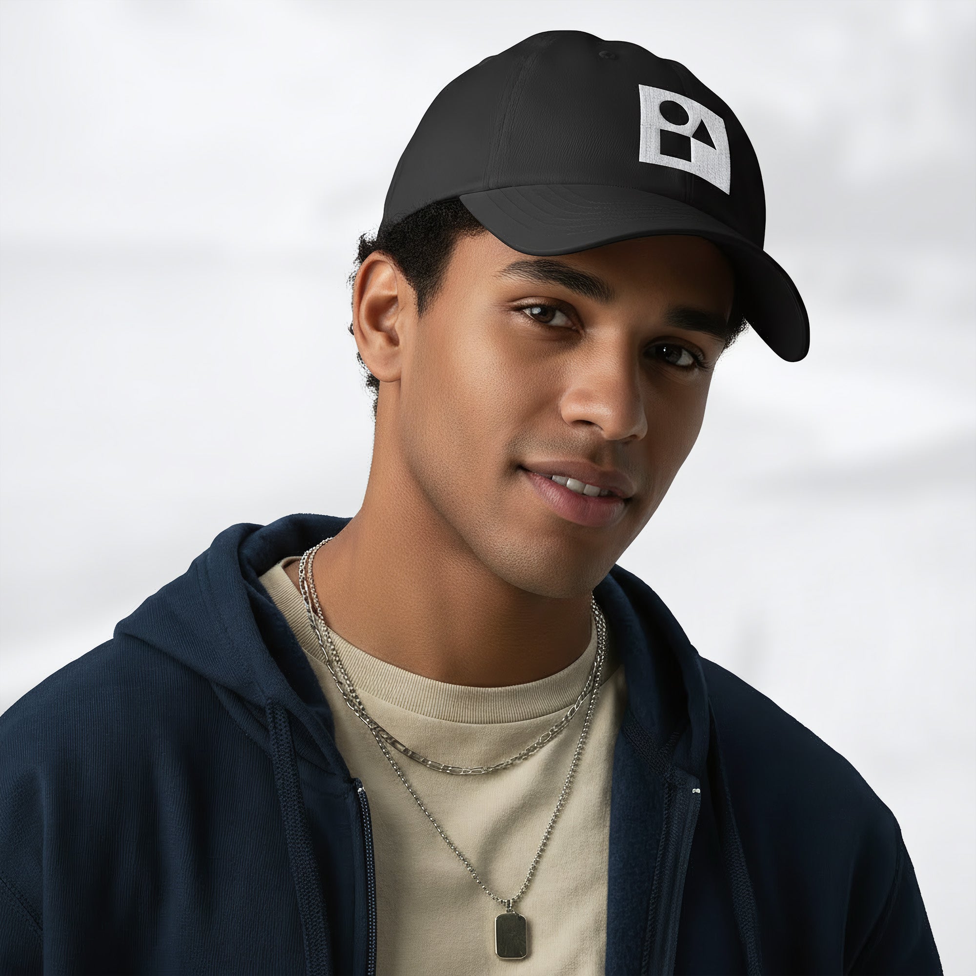 Male model wearing the black Under Armour x Form Fundamentals Stamp Cap (No.20) in a three‑quarter front pose; the cap’s curved brim and white Form Fundamentals logo are visible, styled with a navy hoodie over a beige top and layered chain in a neutral studio setting.