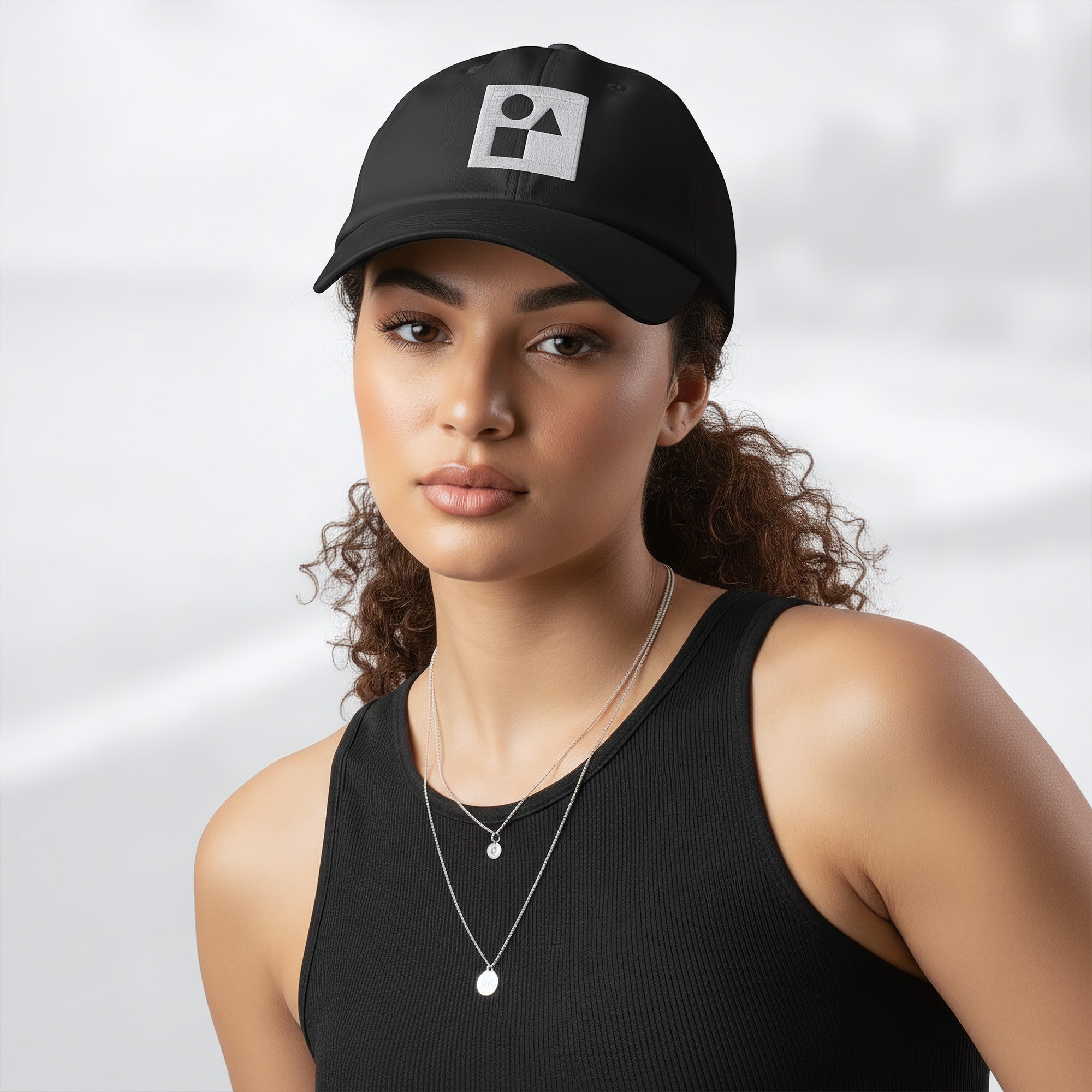Female model wearing the black Under Armour x Form Fundamentals Stamp Cap (No.20); front view of the cap with white geometric emblem and curved brim, paired with a black tank top and layered necklaces against a softly blurred background.