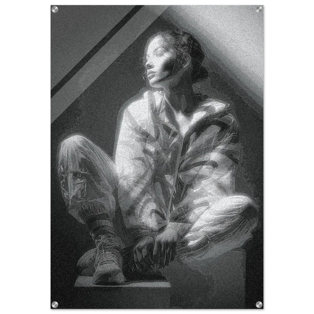 A black and white art print featuring a sketch of a woman in a crouched pose, displayed on a white background with a subtle drop shadow.