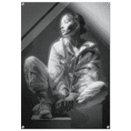 A black and white art print featuring a sketch of a woman in a crouched pose, displayed on a white background with a subtle drop shadow.