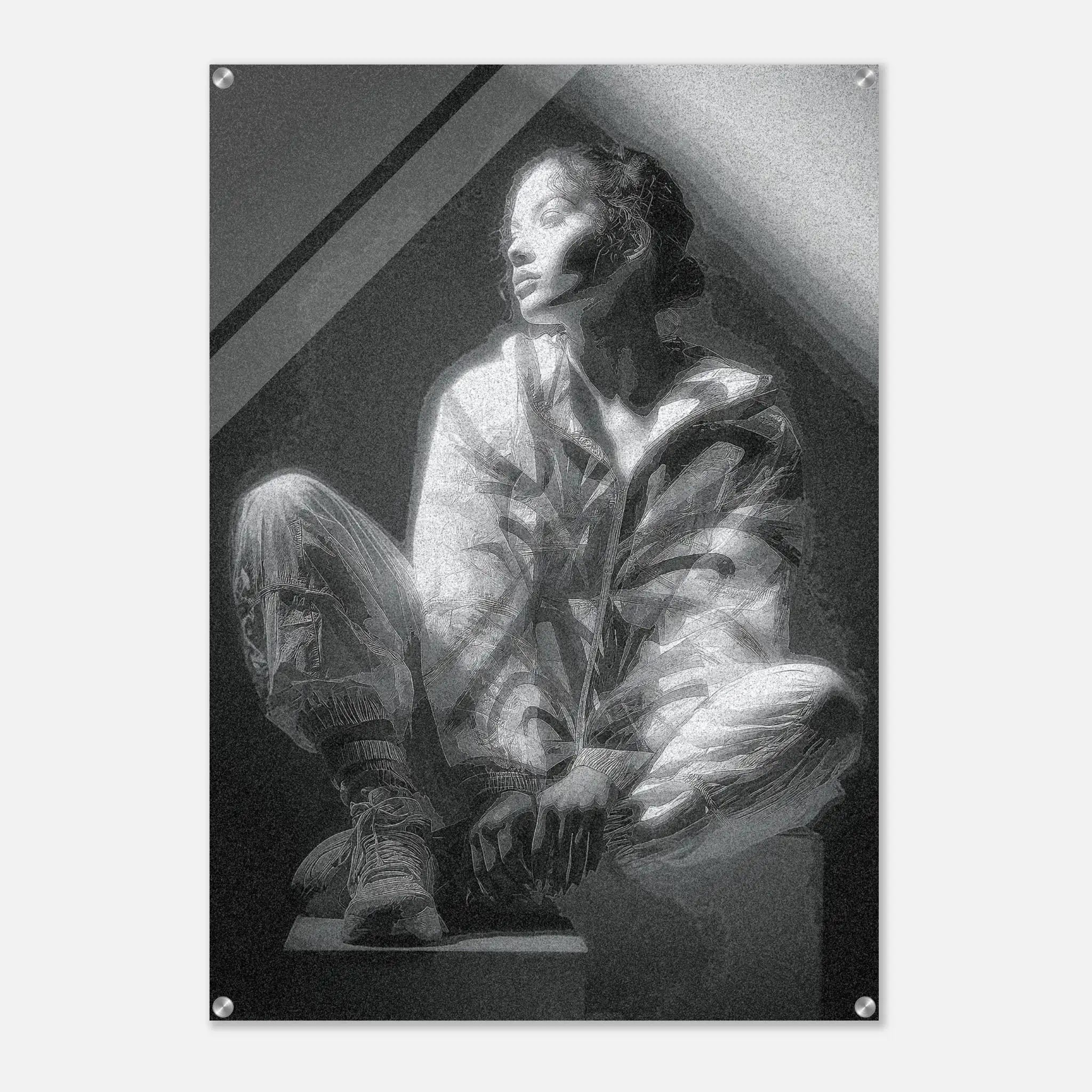 A black and white art print or poster featuring a seated woman in a torn-paper collage style, displayed against a light gray background with visible mounting holes in the corners.