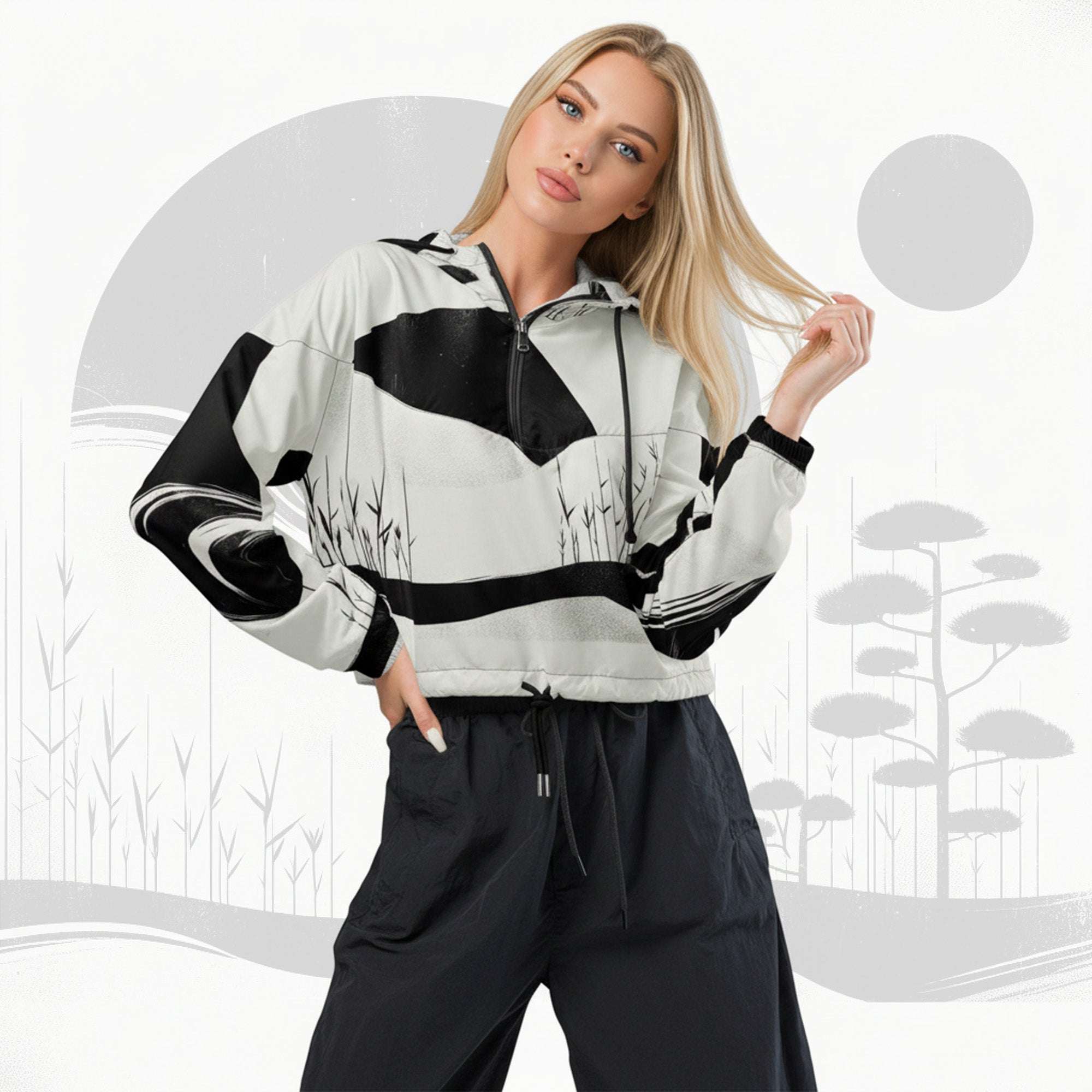 Lifestyle portrait of Form Finding Design Women’s ICN Cropped Windbreaker No.09—cropped half-zip windbreaker with monochrome stripe band and geometric panels, minimalist graphic backdrop.