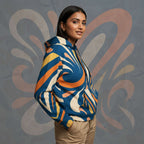 Side lifestyle portrait of model wearing FormFD Women’s Coral Canvas Hoodie (No.17)—zip-through hoodie with hood/sleeves and vibrant coral orange, teal blue, cream and yellow swirl artwork; split kangaroo pocket; textured graphic wall behind.