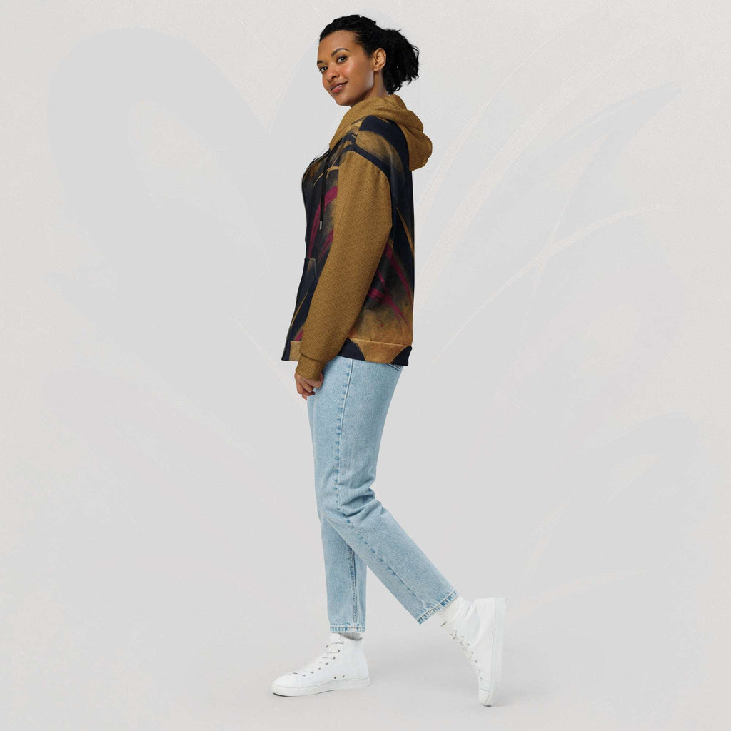 Close-up of the hood and neckline on the Form Finding Design Women’s Luxe Bar Hoodie (No.03), focusing on the print placement through the hood area, seam finishing, and the structured streetwear look.