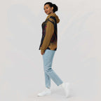 Close-up of the hood and neckline on the Form Finding Design Women’s Luxe Bar Hoodie (No.03), focusing on the print placement through the hood area, seam finishing, and the structured streetwear look.