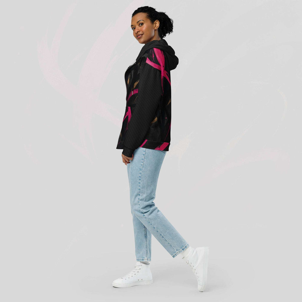 Close-up of the hood and neckline on the Form Finding Design Women’s Luxe Bar Hoodie (No.05), focusing on the print placement through the hood area, seam finishing, and the structured streetwear look.