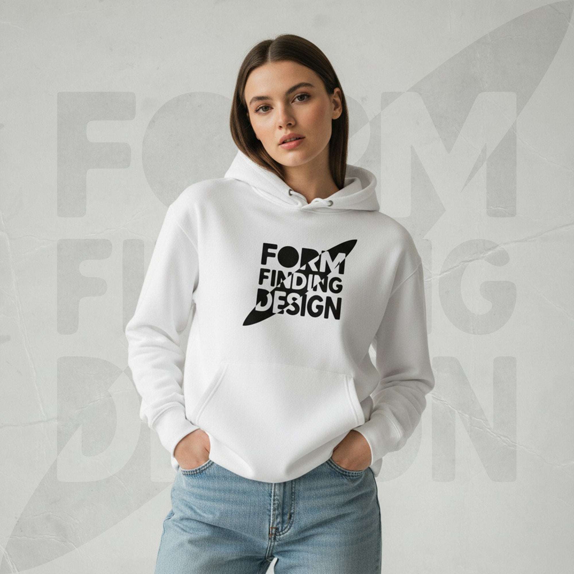 Lifestyle front portrait: model in white Form Finding Design Women’s Signature Hoodie (FFD-15)—black square logo print, kangaroo pocket, casual fit with light denim.