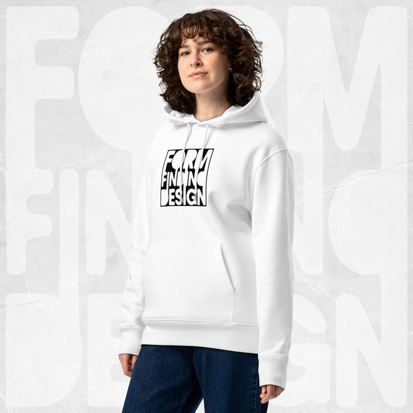 Model wearing white Form Finding Design Women’s Signature Hoodie (FFD-05), three-quarter front—bold black square logo print centred on chest, relaxed fit, soft grey studio backdrop.