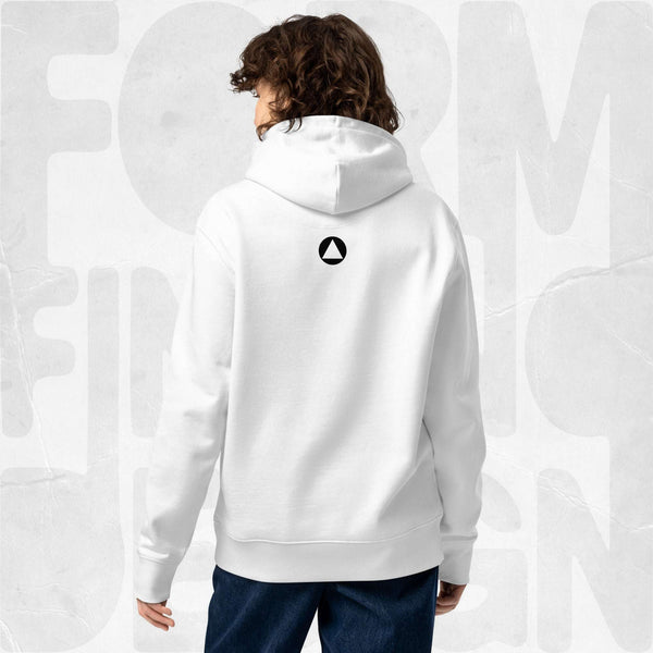 Back view on model: white Women’s Signature Hoodie (FFD-07) by Form Finding Design—minimal back with small black triangle emblem below hood, clean studio background.
