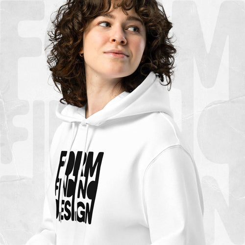 Close-up of white Form Finding Design Signature Hoodie (FFD-07)—hood, drawstrings and chest print detail showing the black square “FORM FINDING DESIGN” iconography graphic.