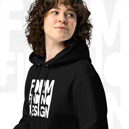 Close-up of black Form Finding Design Signature Hoodie (FFD-08)—hood, drawstrings and chest print detail showing the white square “FORM FINDING DESIGN” iconography graphic.