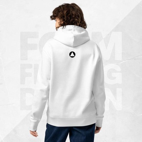 Back view on model: white Women’s Signature Hoodie (FFD-11) by Form Finding Design—minimal back with small black triangle emblem below hood, clean studio background.
