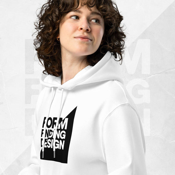 Close-up of white Form Finding Design Signature Hoodie (FFD-11)—hood, drawstrings and chest print detail showing the black square “FORM FINDING DESIGN” iconography graphic.
