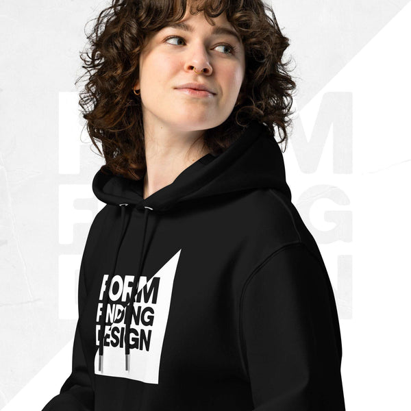 Close-up of black Form Finding Design Signature Hoodie (FFD-12)—hood, drawstrings and chest print detail showing the white square “FORM FINDING DESIGN” iconography graphic.