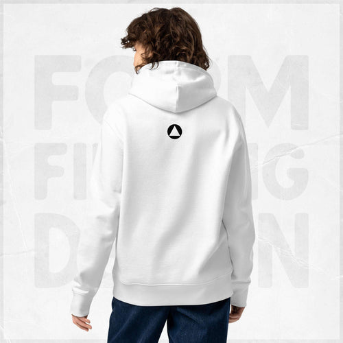 Back view on model: white Women’s Signature Hoodie (FFD-17) by Form Finding Design—minimal back with small black triangle emblem below hood, clean studio background.