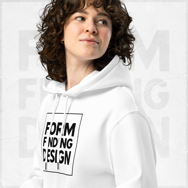 Close-up of white Form Finding Design Signature Hoodie (FFD-17)—hood, drawstrings and chest print detail showing the black square “FORM FINDING DESIGN” iconography graphic.