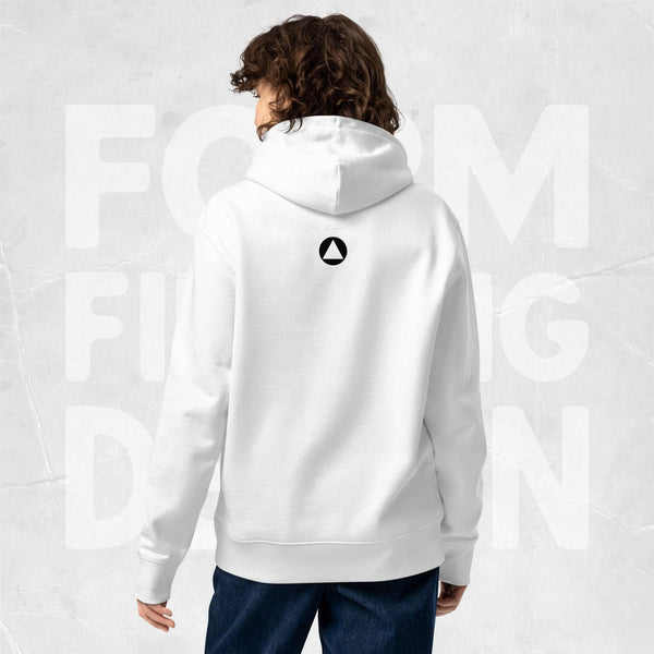 Back view on model: white Women’s Signature Hoodie (FFD-19) by Form Finding Design—minimal back with small black triangle emblem below hood, clean studio background.