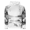 “Women’s Watercolour-Print-9 Muse Hoodie front in white with gray hand-painted landscape design, featuring abstract mountains and trees, kangaroo pocket, and adjustable drawstring hood.”