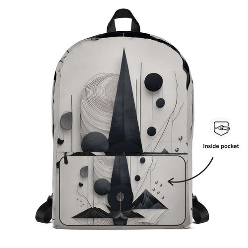 Form Finding Design AD9 backpack – front view with ‘inside pocket’ callout highlighting the internal storage feature; monochrome abstract geometric all-over print with black straps and structured everyday backpack silhouette.