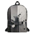 Form Finding Design AD3 backpack – front view of medium all-over print backpack with monochrome abstract geometric artwork in black, charcoal and pale grey, large front pocket panel, top carry loop and black straps.