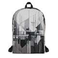 Form Finding Design AD4 backpack – front view of medium all-over print backpack with monochrome abstract geometric artwork in black, charcoal and pale grey, large front pocket panel, top carry loop and black straps.