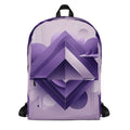 AG9 Lilac FFD backpack (Form Finding Design), front view with lilac and violet abstract geometric print, top carry handle, large front zip pocket.