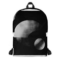MC “Abyss” FFD backpack by Form Finding Design, front view—monochrome abstract print in black, charcoal and grey, large front zip pocket, top handle, clean white background.