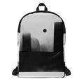 MC5 “Abyss” FFD backpack by Form Finding Design, front view—monochrome abstract print in black, charcoal and grey, large front zip pocket, top handle, clean white background.