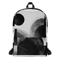 MC6 “Abyss” FFD backpack by Form Finding Design, front view—monochrome abstract print in black, charcoal and grey, large front zip pocket, top handle, clean white background.