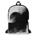 MC7 “Abyss” FFD backpack by Form Finding Design, front view—monochrome abstract print in black, charcoal and grey, large front zip pocket, top handle, clean white background.