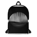 MC9 “Abyss” FFD backpack by Form Finding Design, front view—monochrome abstract print in black, charcoal and grey, large front zip pocket, top handle, clean white background.