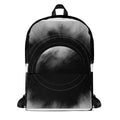 MC10 “Abyss” FFD backpack by Form Finding Design, front view—monochrome abstract print in black, charcoal and grey, large front zip pocket, top handle, clean white background.