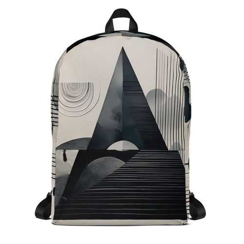 Form Finding Design AD6 backpack – front view of medium all-over print backpack with monochrome abstract geometric artwork in black, charcoal and pale grey, large front pocket panel, top carry loop and black straps.